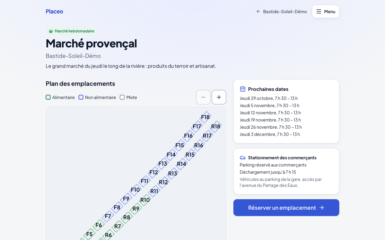 Page publique d’un marché : plan, dates, exemple de prix