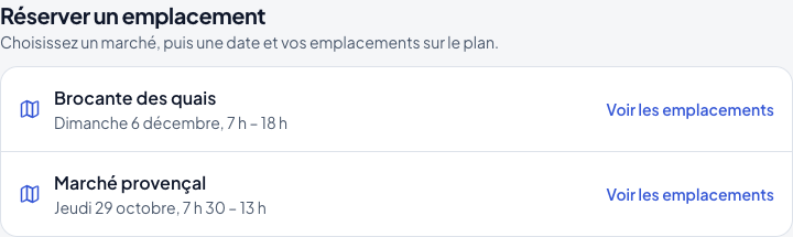 Bloc « Réserver un emplacement » de l’espace commerçant
